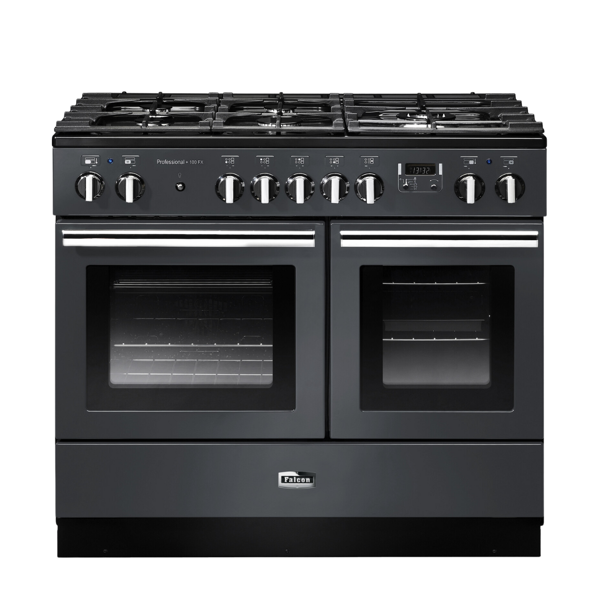 Falcon Professional 100 FX Gaskochfeld mit Doppelbackofen in Schwarz – moderner Standherd für große Küchen Schwarzer Standherd von Falcon mit großem Gaskochfeld und zwei separaten Backöfen, ideal für Hobby- und Profiköche