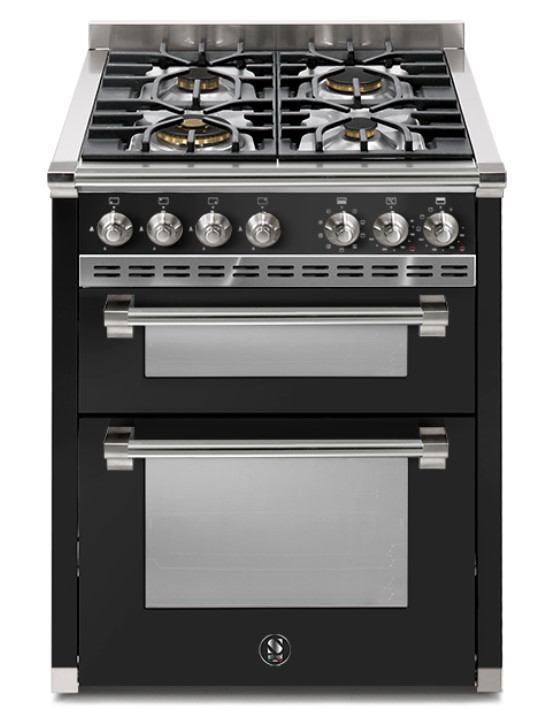 Modernes Standherd-Modell mit vier Gas-Kochfeldern, zwei Backöfen und Edelstahldetails in Schwarz