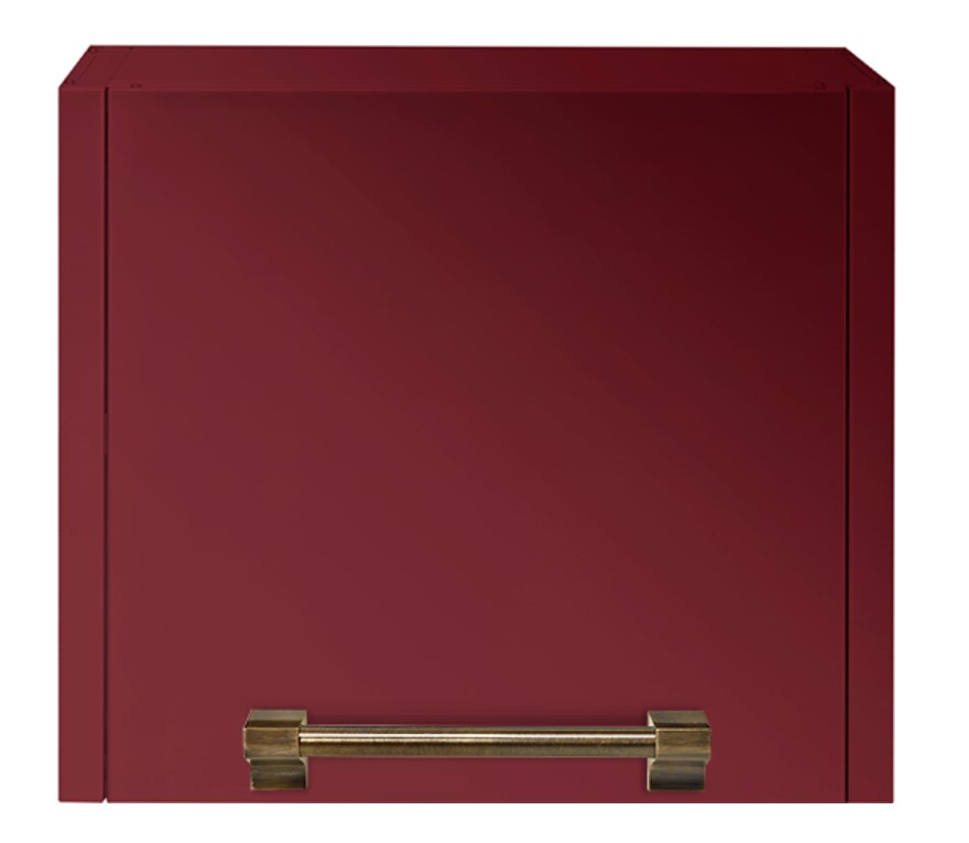 Küchenschrank-Tür in Bordeauxrot mit goldfarbigem Griff – modernes, minimalistisches Design Frontansicht einer bordeauxroten Küchenschrank-Tür mit goldfarbenem Griff im modernen Stil