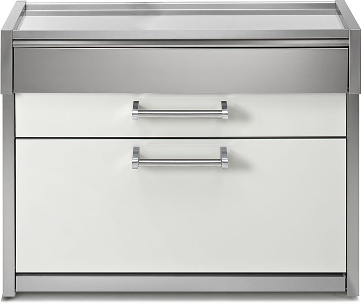 Moderner weißer Küchenunterschrank mit zwei Schubladen und Edelstahlgriffen Weißer Küchenunterschrank mit zwei Schubladen und Griffen aus Edelstahl, geeignet für moderne Küchen