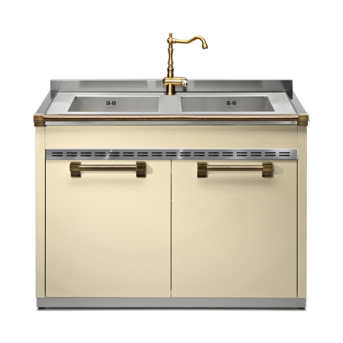 Küchenunterschrank mit Doppelspüle und goldener Armatur, cremefarbenes Design Eleganter Küchenunterschrank mit zwei Edelstahl-Spülbecken und goldfarbener Armatur in cremefarbenem Stil