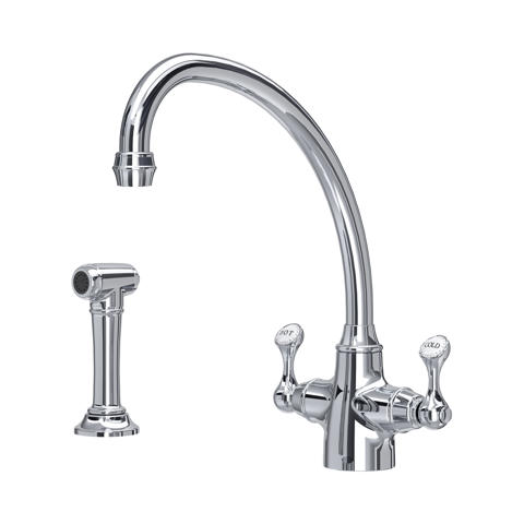 Chrom-Küchenarmatur mit zwei Griffen, hohem Schwanenhals-Auslauf und separater Seitenbrause; klassisches Retro-Design für das Spülbecken