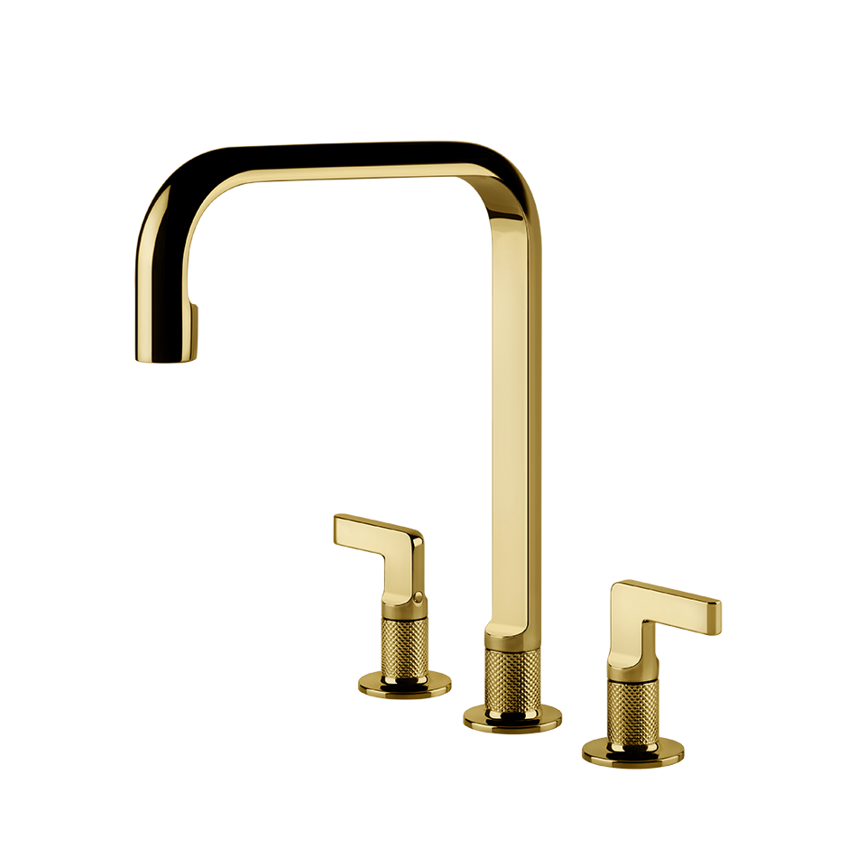 Goldene 3-Loch Waschtischarmatur mit Griffen