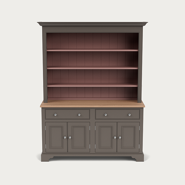 Neptune Chichester Open Dresser: offene Anrichte im englischen Landhausstil, handlackiert; Oberteil mit Regalböden und Tellerrillen, unten Schubladen und Türen – ideal für Geschirr, Gläser und Dekoration.