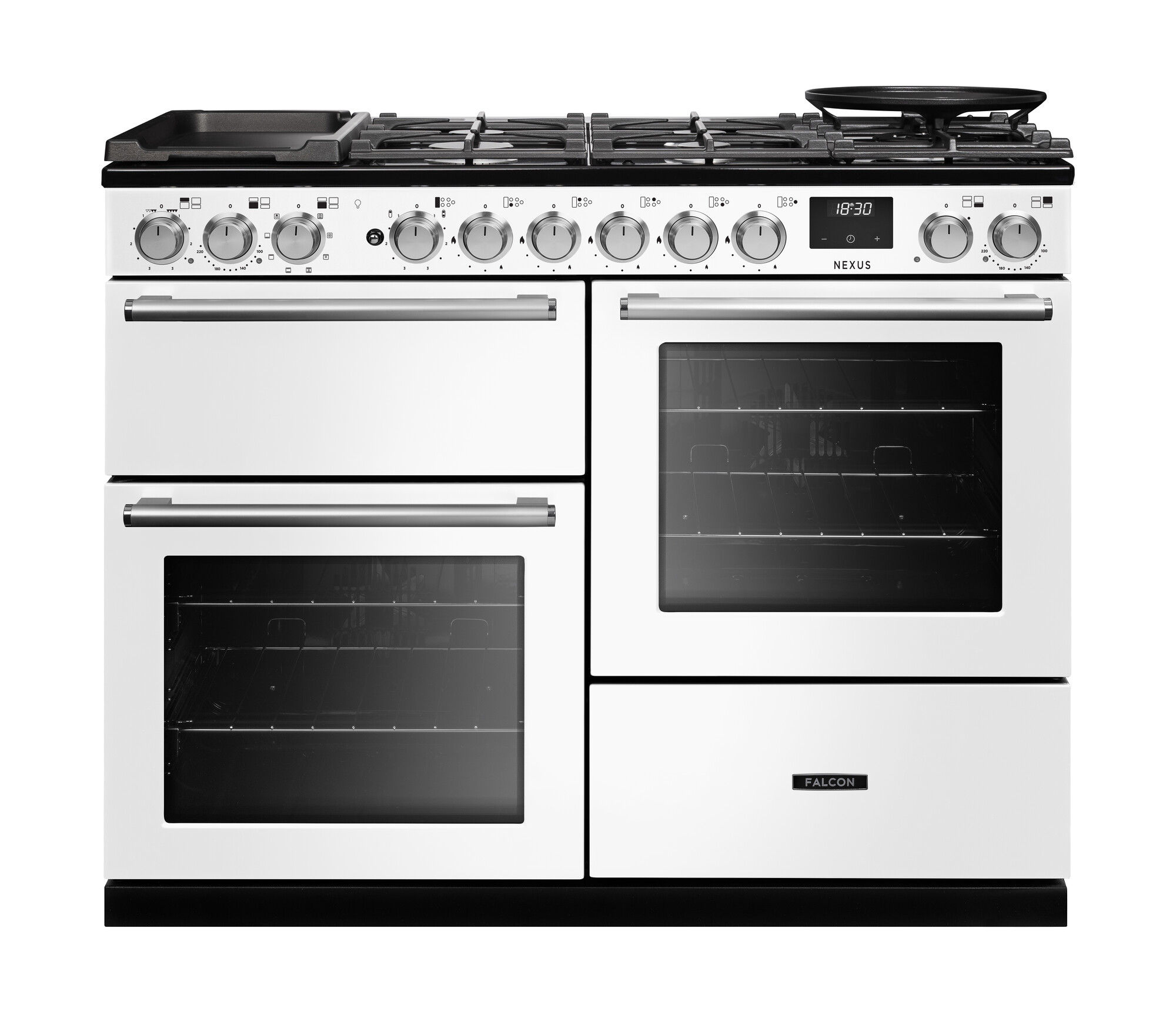 Weißer Falcon Nexus 110 Range Cooker: Gas-Kochfeld mit Wokmulde und Gussrosten, zwei Backöfen, separater Grill, Warmhaltefach und Digitaluhr – hochwertiger Standherd für die Familienküche