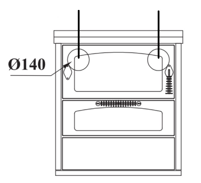 Technische Zeichnung eines Ofens mit markierten Öffnungen Ø140 mm vorne Schwarz-weiße technische Zeichnung eines Ofens, vordere Ansicht mit zwei markierten Öffnungen und dem Maß Ø140 mm links dargestellt.