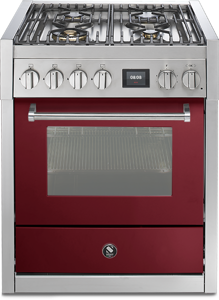 Freistehender Gasherd mit Backofen in Rot und Edelstahl, modernes Design Moderner freistehender Gasherd mit vier Kochfeldern, Edelstahl-Elementen und rotem Backofen mit Glastür