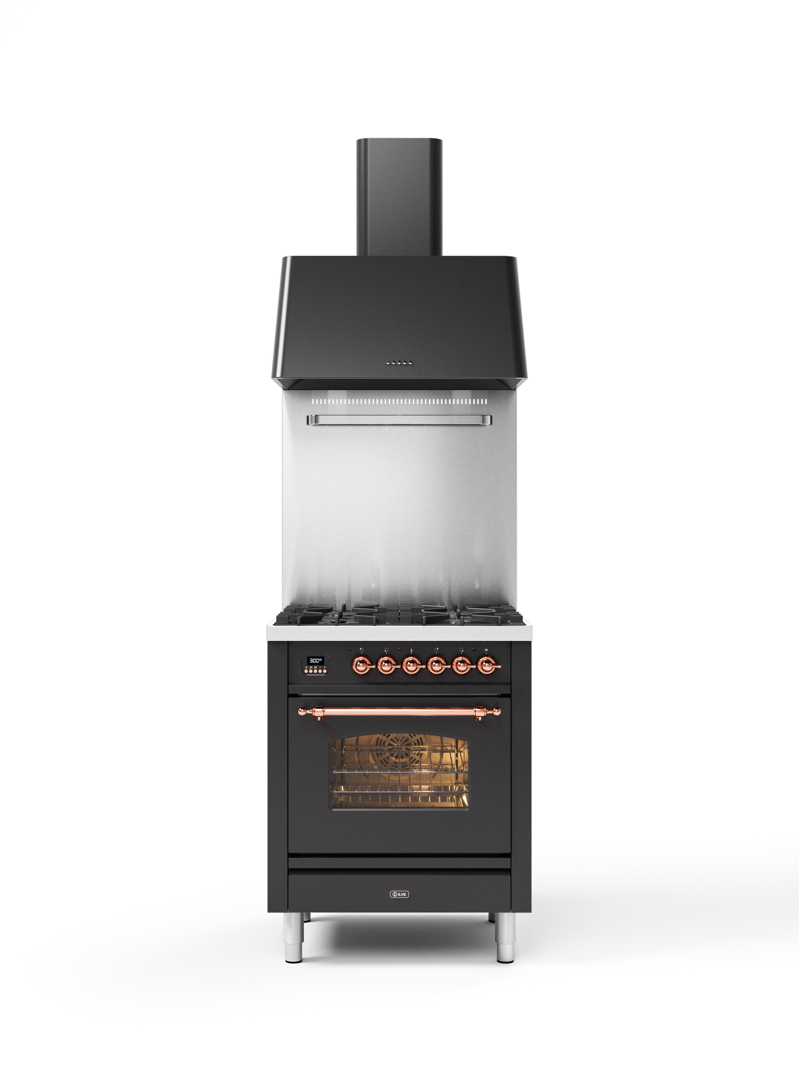 Hochwertiger Standherd mit Gasherd und Backofen in Schwarz mit eleganten Kupfer-Details und passender Dunstabzugshaube Moderner Standherd in Schwarz mit Kupfer-Bedienelementen, integriertem Backofen und Dunstabzugshaube, freistehend auf weißem Hintergrund