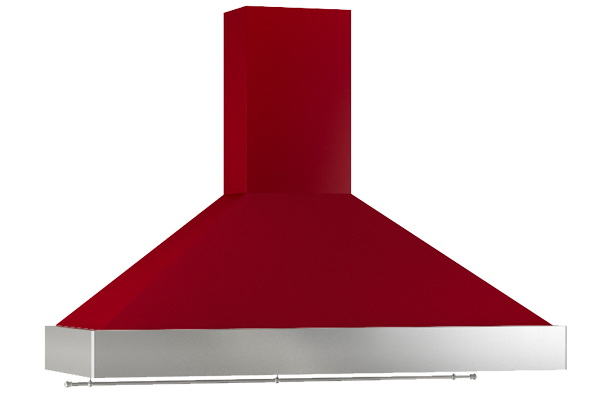 Moderne Dunstabzugshaube in Rot mit Edelstahlkante für die Küche Rote Dunstabzugshaube mit breitem Schacht und Edelstahlabschluss, ideal für moderne Küchen