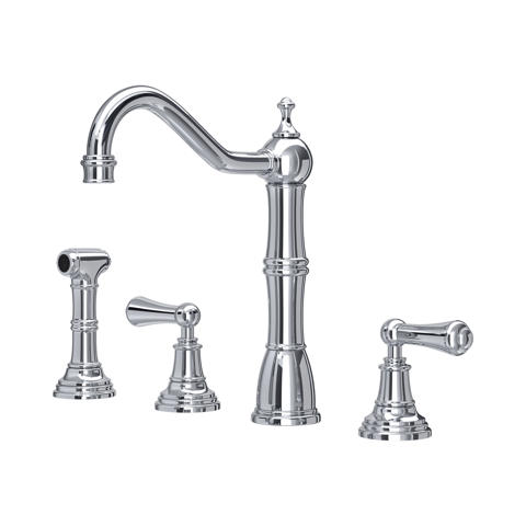 Verchromte 4-Loch Küchenarmatur mit hohem Schwanenhals, zwei Hebeln und separatem Seitensprühkopf; stilvolles Retro-Design, Deckmontage für Spülbecken