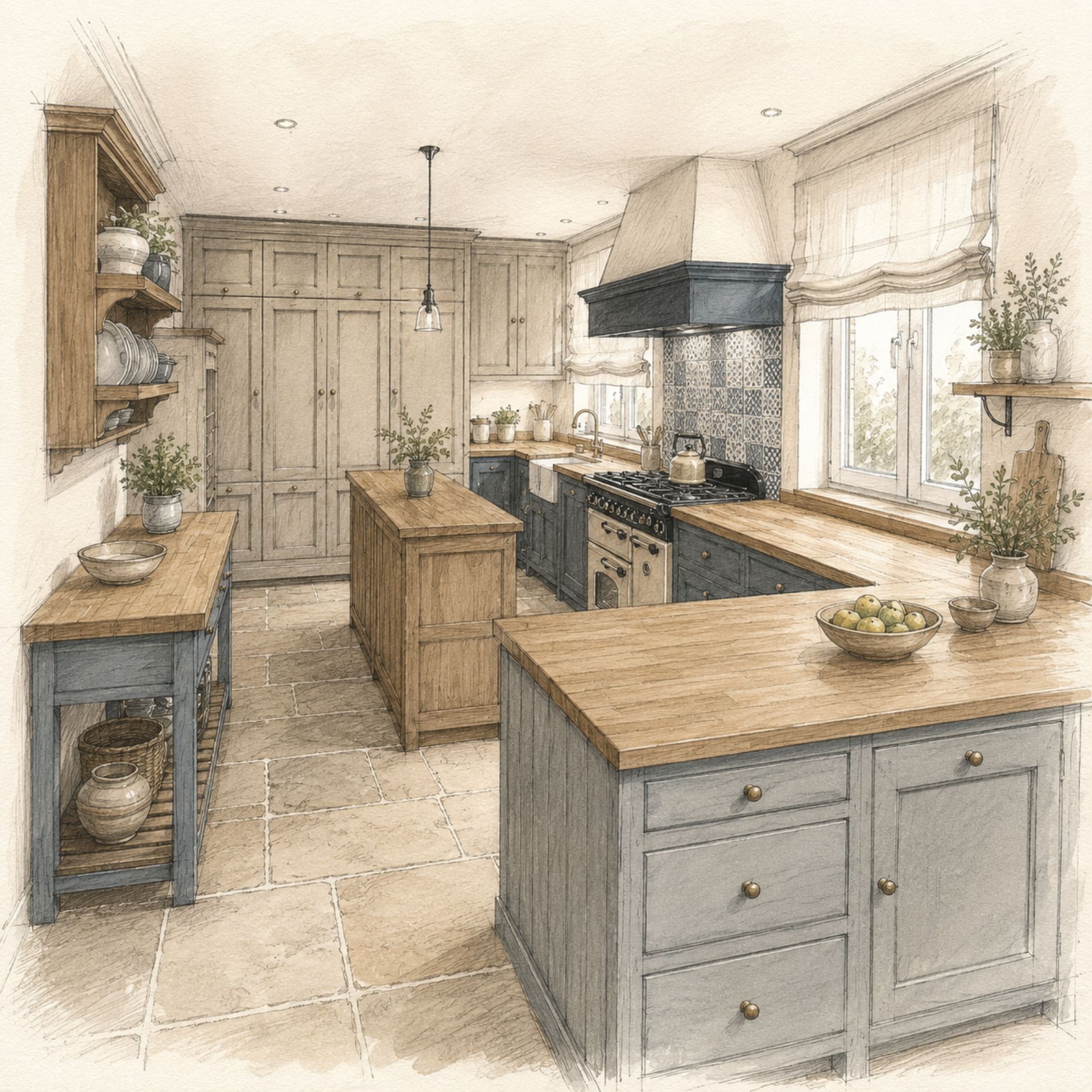 Helle Landhausküche mit zwei Kücheninseln, blau-grauen Shaker-Schränken, Massivholz-Arbeitsplatten, großem Gasherd und gemusterter Fliesenrückwand – ideal für Küchenmöbel und Planung