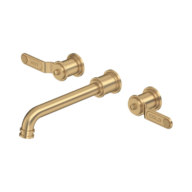 Goldene 3-teilige Wandarmatur aus gebürstetem Messing mit gebogenem Auslauf und getrennten Warm- und Kaltwasserhebeln; ideal für elegante Badezimmer