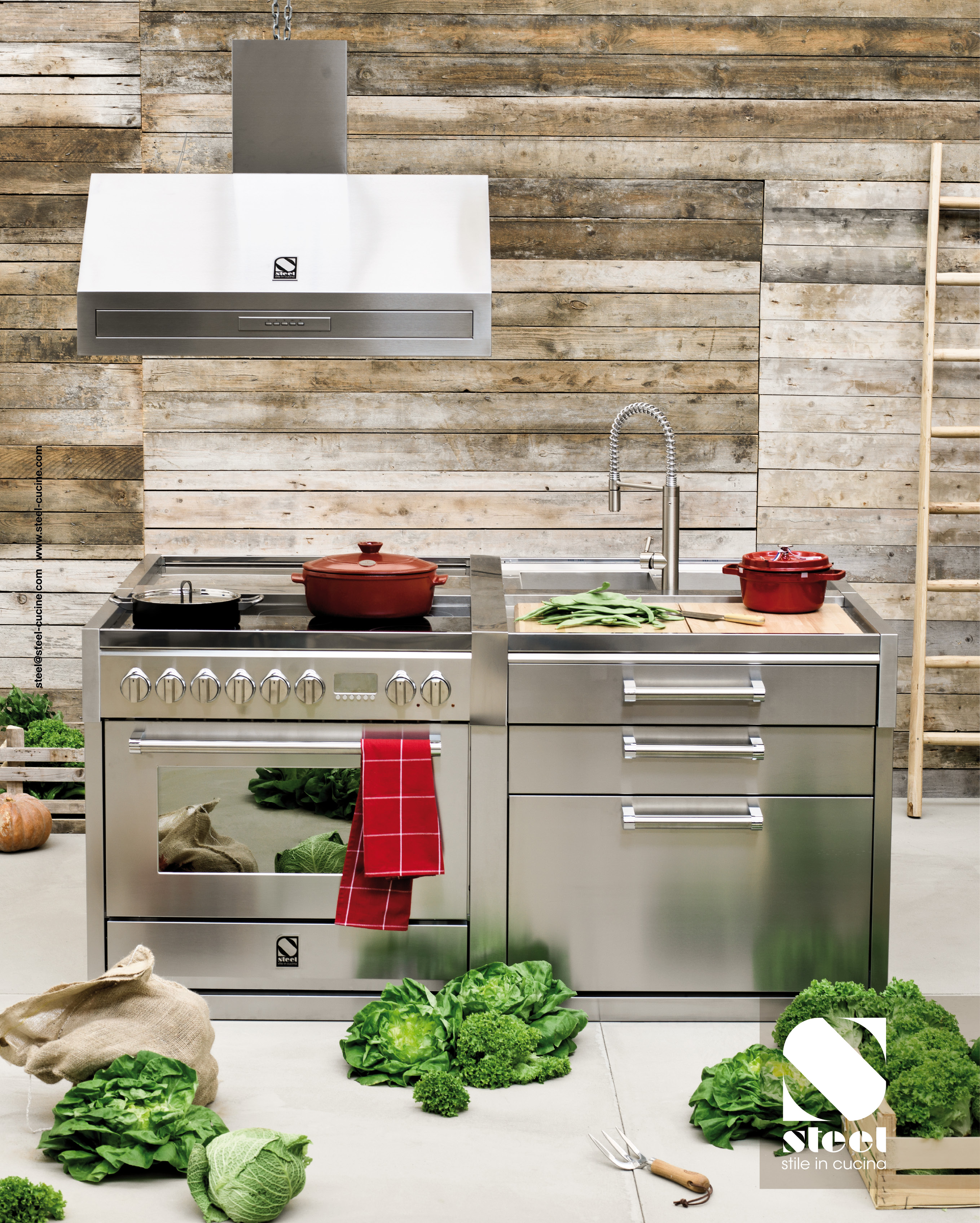 Stilvolle Edelstahlküche mit modernem Herd, Dunstabzugshaube, frischem Gemüse und rustikalem Holzdesign
