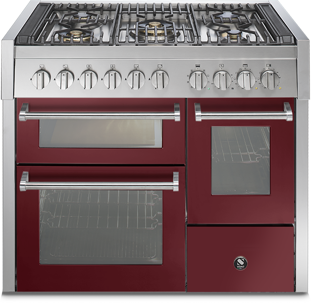 Großer Standherd mit Gas-Kochfeld und mehreren Backöfen in Bordeauxrot und Edelstahl Standherd in Bordeauxrot mit Edelstahl, Gas-Kochfeld und drei Backöfen, ideal für große Küchen und Hobbyköche