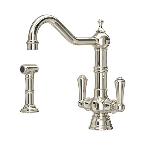 Hochwertige Zweigriff-Küchenarmatur im Vintage-Design mit hohem Schwenkauslauf und separater Seitenbrause, polierte Oberfläche, ideal für die Spüle