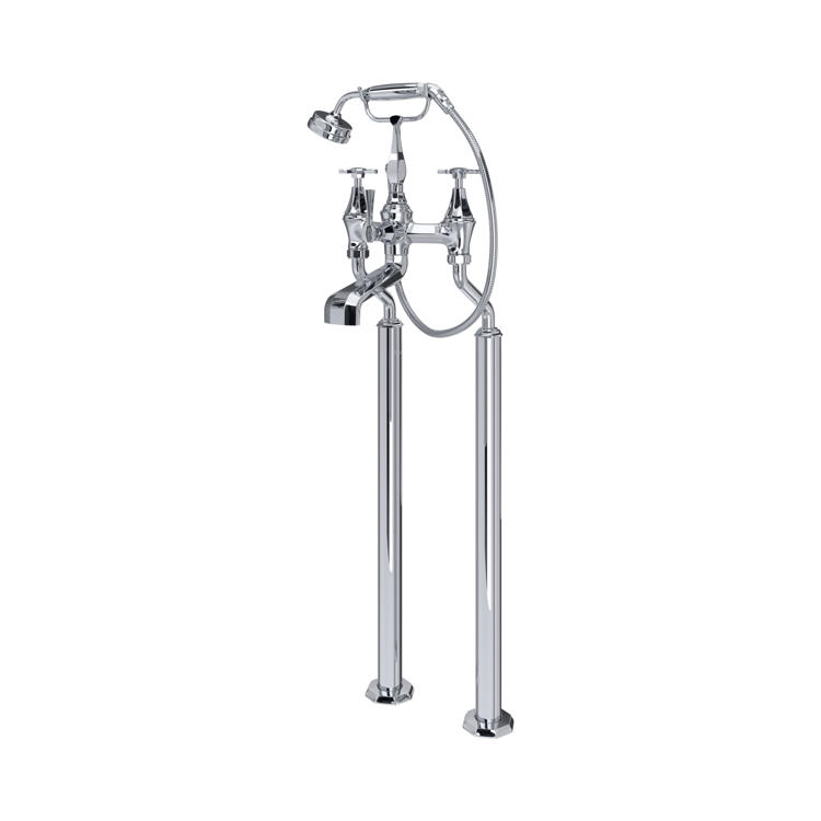 Chrom Wannenarmatur freistehend mit Standrohren und Handbrause, 2-Griff-Mischer im Retro-Design – ideal für freistehende Badewanne