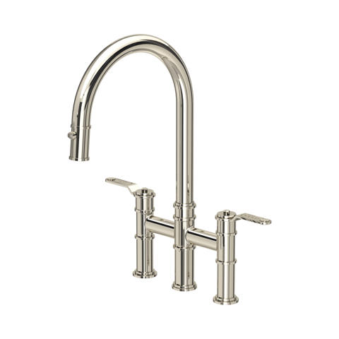 Küchenarmatur mit zwei Griffen und hohem Bogen-Auslauf, Brücken-Design, polierte Nickeloberfläche, für Spüle; langlebige Messingkonstruktion, präzise Temperatur- und Durchflussregelung