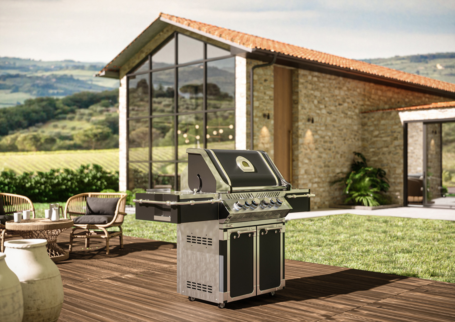 Moderner Gasgrill mit vier Brennern auf Holzterrasse vor einem Landhaus in idyllischer Umgebung Gasgrill aus Edelstahl mit mehreren Brennern auf einer Terrasse, im Hintergrund ein modernes Landhaus mit großen Glasfenstern und grüner Landschaft