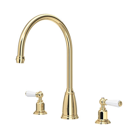Klassische 3-Loch Waschtischarmatur aus poliertem Messing mit hohem Schwanenhals und zwei weißen Keramikhebeln; hochwertige Badarmatur für Waschbecken, langlebig und elegant