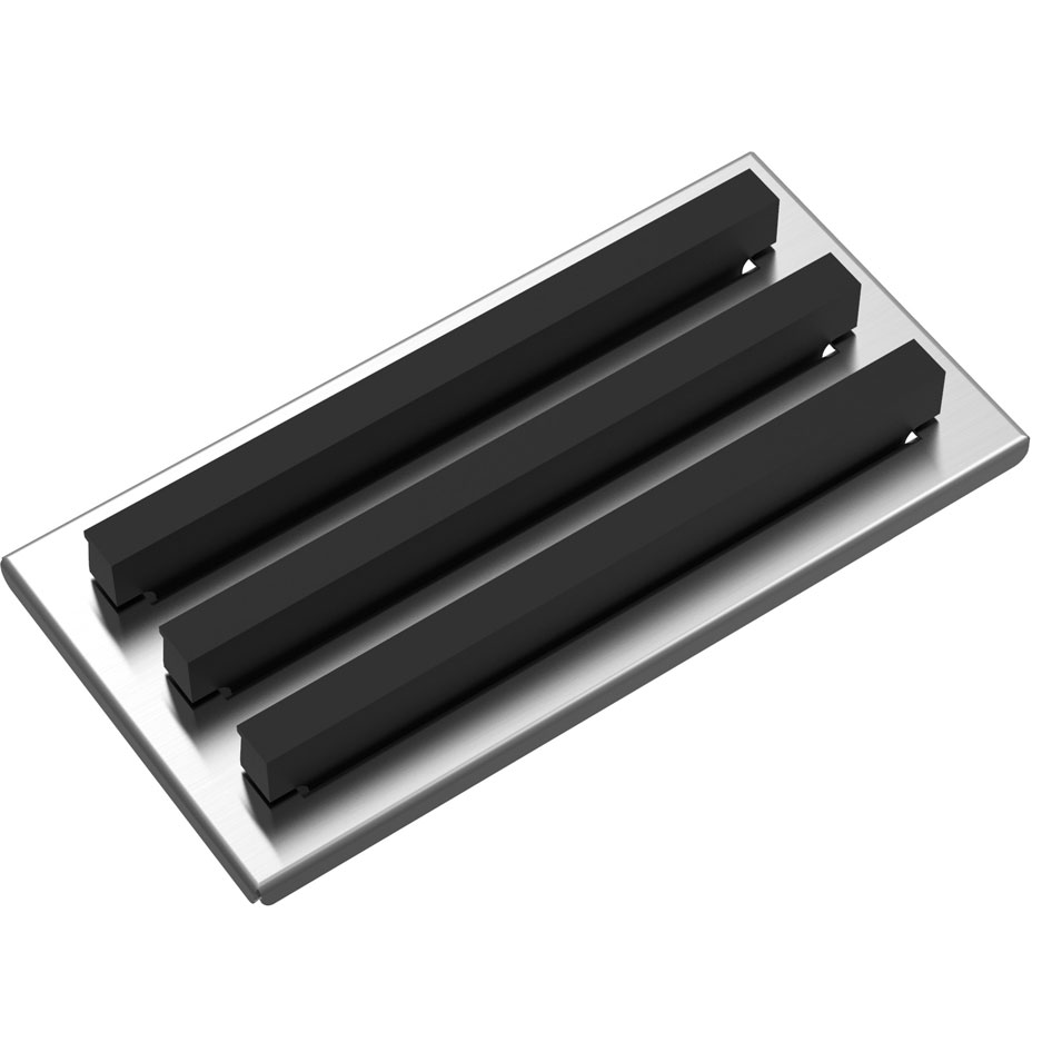 Magnetischer Messerhalter aus Edelstahl mit drei Magnetleisten für sichere Messeraufbewahrung Magnetischer Messerhalter aus Edelstahl mit drei schwarzen Magnetleisten, geeignet zur sicheren Aufbewahrung von Küchenmessern