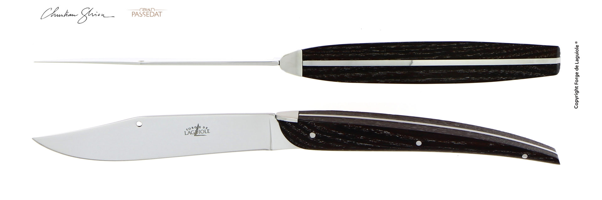 Laguiole Messer mit dunklem Holzgriff, geschmiedet von Forge de Laguiole – edles Taschenmesser in Seiten- und Draufsicht Hochwertiges Laguiole Taschenmesser mit Klinge aus Edelstahl und dunklem Holzgriff, seitlich und von oben abgebildet