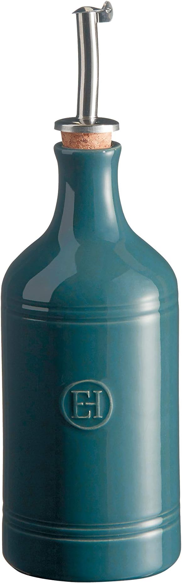 Emile Henry Ölgießer 0,4 l aus lichtundurchlässiger Keramik in Blau (Blaue Flamme) mit Edelstahl-Ausgießer und Kork; ideal zum präzisen Dosieren von Olivenöl am Herd und Tisch, Anti-Tropf-Funktion