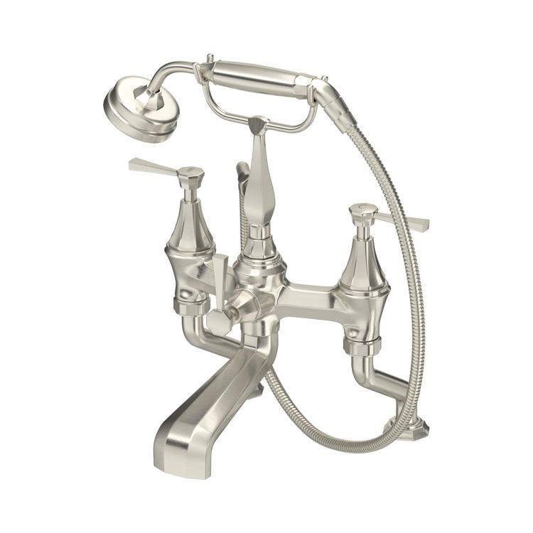 Elegante Wannenarmatur aus gebürstetem Nickel mit Auslauf, Zweigriffmischung, Umsteller und flexibler Telefon-Handbrause; hochwertige Badewannen-Armatur zur Deckmontage