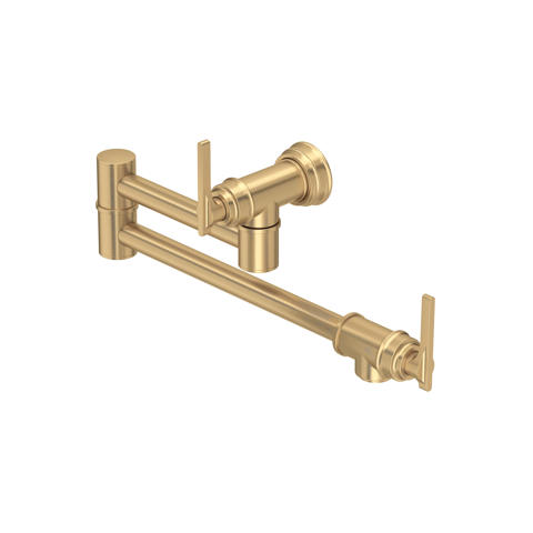 Wandmontierte Topffüller-Armatur in gebürstetem Gold mit Doppelgelenk und Schwenkarm, ideal zum Befüllen von Töpfen am Herd