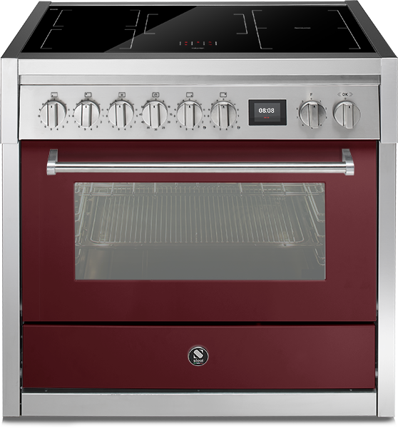 Freistehender Standherd mit Induktionskochfeld und Backofen in Bordeauxrot, modernes Design Bordeauxroter Standherd mit Induktionskochfeld, Edelstahlfront, Drehreglern und großem Backofen mit Sichtfenster