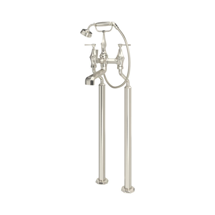 Elegante freistehende Badewannenarmatur mit Standrohren, Auslauf und Telefon-Handbrause in Nickel, für Bodenmontage an der Wanne