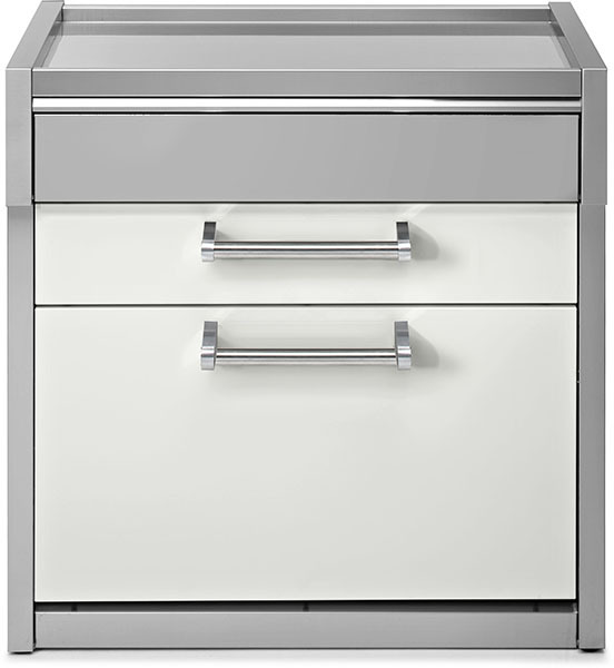 Moderner Medizinschrank mit zwei Schubladen und Metallgriffen in Weiß und Grau Vorderansicht eines modernen Medizinschranks mit zwei großen Schubladen und silbernen Griffen, Farben Weiß und Grau