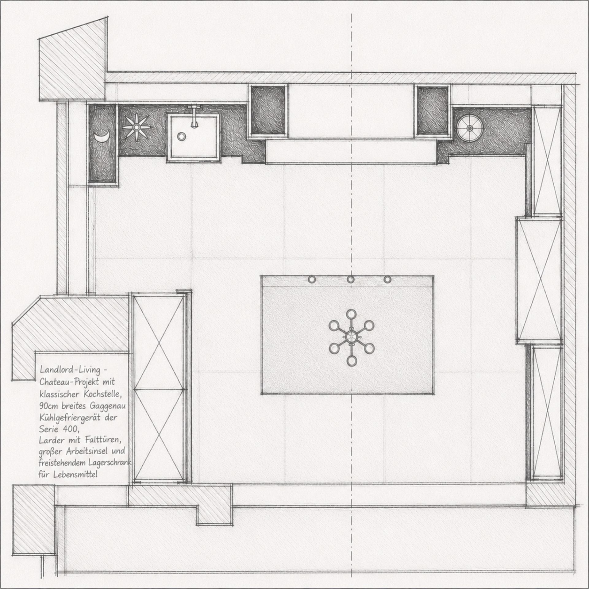 Architektonischer Küchen-Grundriss: zentrale Kochinsel mit Pendelleuchte, Spülzone, Kochstelle, Kühlschrank-Nische und Vorratsschrank – Visualisierung für die Planung einer hochwertigen Einbauküche