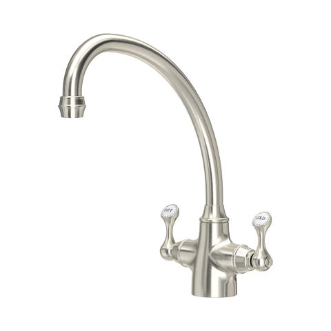 Zweigriff‑Küchenarmatur mit hohem Schwanenhals; Mischbatterie für Warm‑ und Kaltwasser; klassische Ausführung in gebürsteter Optik für das Spülbecken