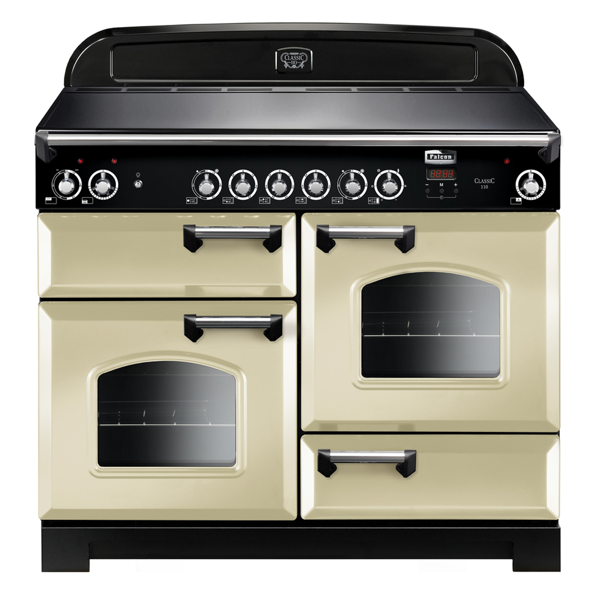 Falcon Classic 110 Herd in Creme mit mehreren Backöfen und Kochplatten Falcon Classic 110 Standherd in Creme mit vier Backofentüren und schwarzer Bedienleiste, ideal für große Küchen