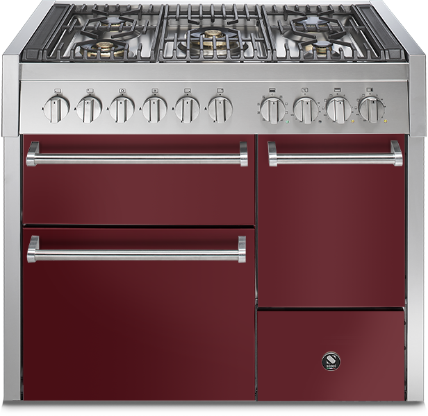 Professioneller Edelstahl-Gasherd mit sieben Kochfeldern und burgunderroten Fronten für die moderne Küche Großer Standherd aus Edelstahl mit sieben Gaskochfeldern und burgunderroten Ofentüren, geeignet für anspruchsvolle Küchen