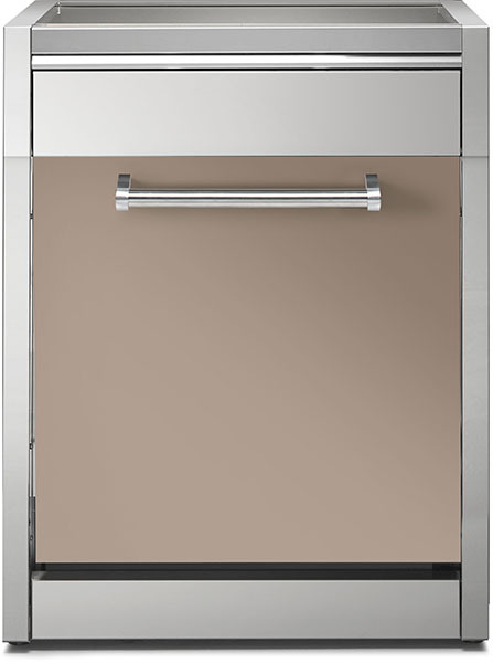 Hochwertige Spülmaschine mit moderner Edelstahlfront und elegantem Griff für die Einbauküche Moderne Einbau-Spülmaschine mit Edelstahlrahmen und beigefarbener Front sowie großem Metallgriff