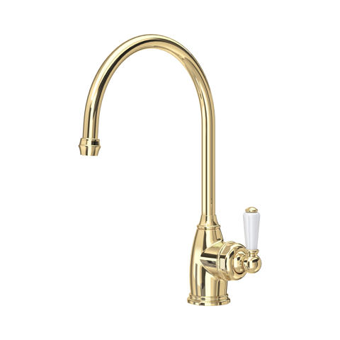 Goldene Messing-Küchenarmatur, Retro-Einhebelmischer mit hohem Rundbogen-Auslauf und weißem Keramikgriff; elegante Landhausstil-Optik