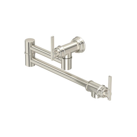 Wandmontierte Topffüller-Küchenarmatur mit schwenkbarem Doppelgelenk-Auslauf und zwei Griffen, Oberfläche gebürstetes Nickel; ideal zum Befüllen von Töpfen am Herd