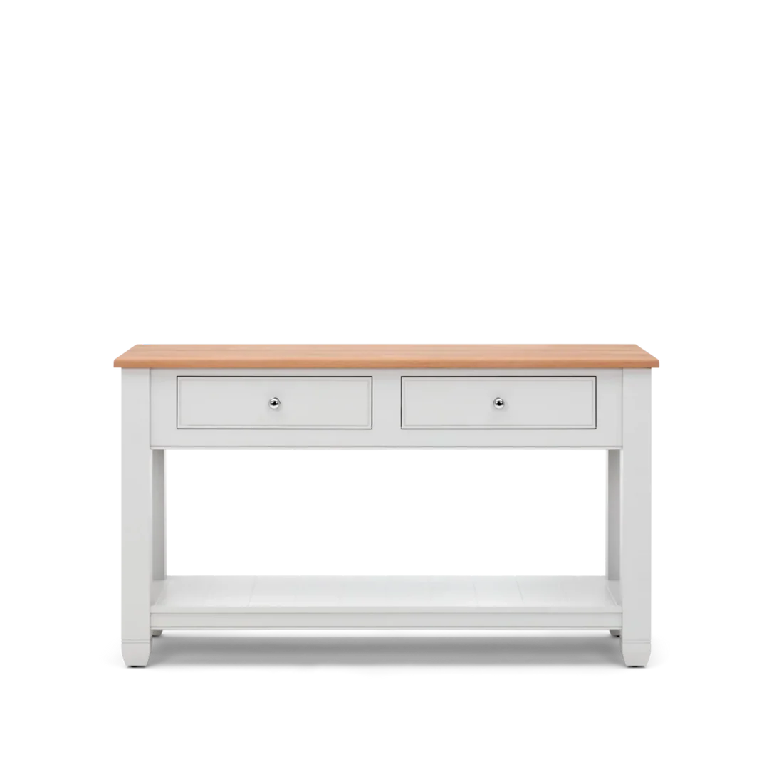 Weißer Konsolentisch im Landhausstil mit naturfarbener Holzplatte, zwei Schubladen und unterer Ablage – ideal als Flurtisch, Sideboard oder Sofatisch.