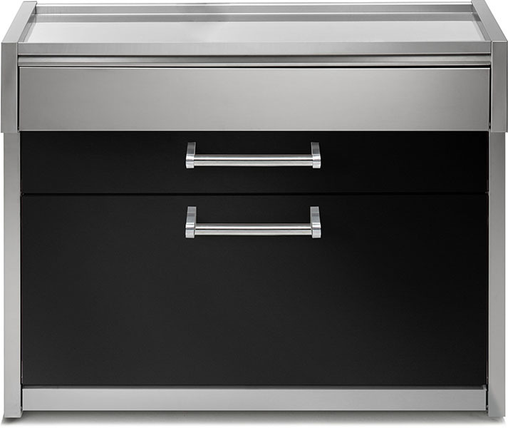 Schwarzer Unterschrank mit zwei Schubladen und Edelstahlfront, geeignet für Outdoor-Küchen