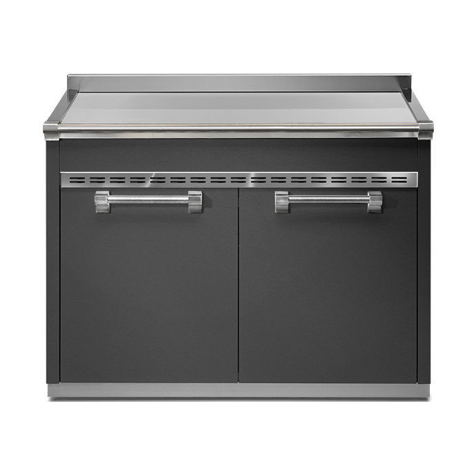 Edelstahl Outdoor-Küchenmodul mit Stauraum und Arbeitsfläche, ideal für Garten oder Terrasse Modernes Outdoor-Küchenmodul aus Edelstahl mit zwei Türen und großer Ablagefläche, geeignet für die Nutzung im Außenbereich