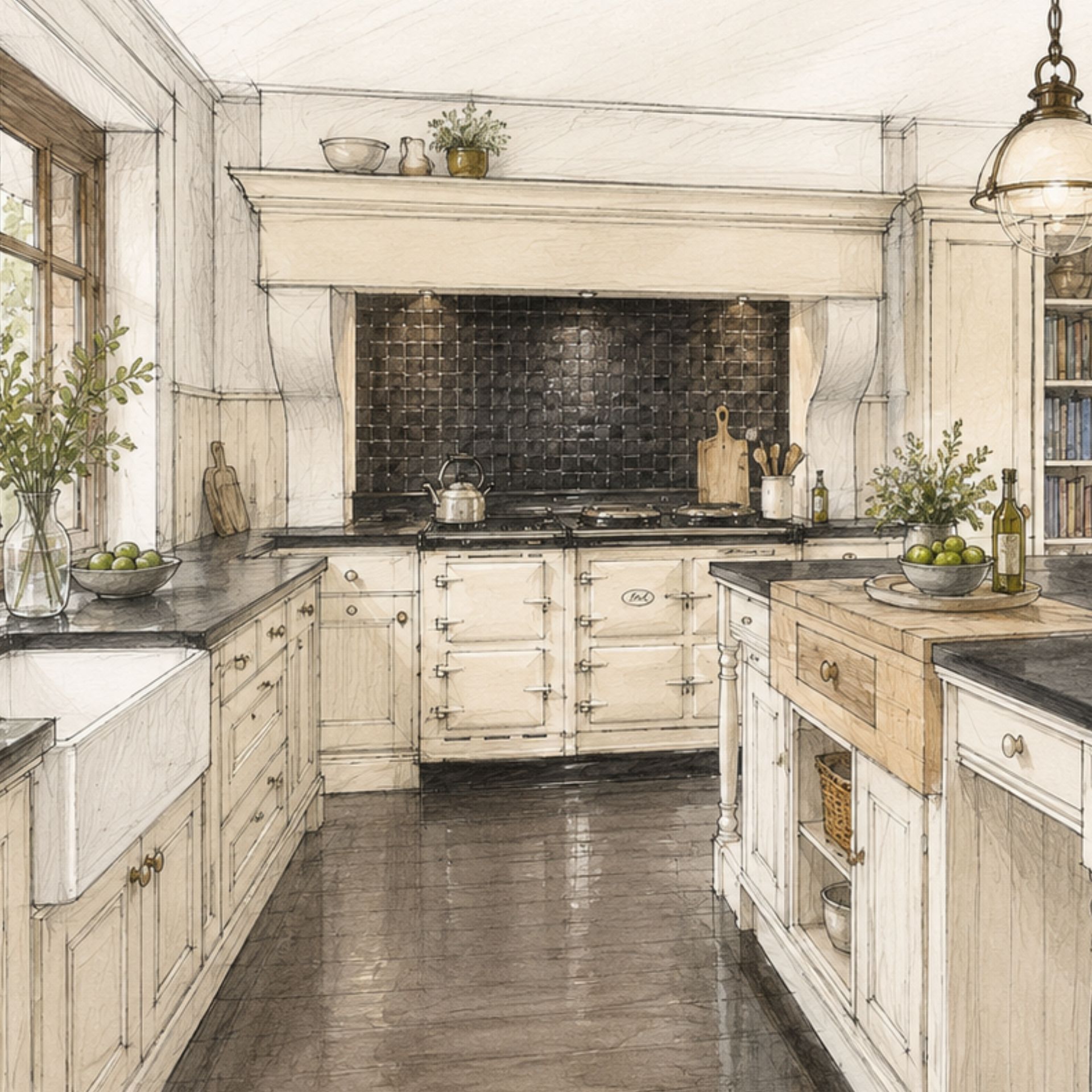 Helle Landhausküche mit Kochinsel, Farmhouse-Spüle, cremefarbenen Kassettenfronten, schwarzer Fliesenrückwand und großem Range Cooker – Produktfoto für Küchenmöbel und Arbeitsplatten.