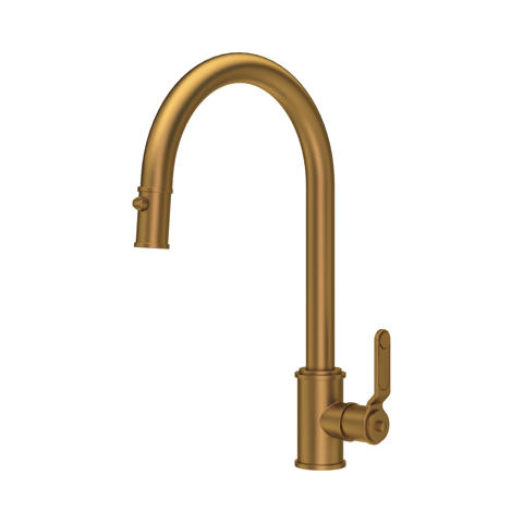 Goldene Küchenarmatur mit hohem, schwenkbarem Auslauf und Einhebelbedienung, aus gebürstetem Messing, mit ausziehbarer Brause – eleganter Wasserhahn für Spüle