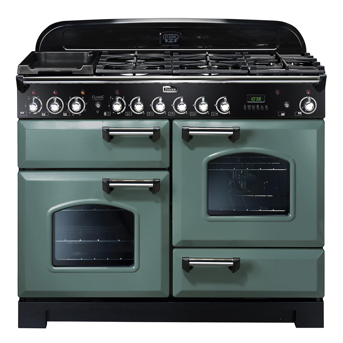 Falcon Classic Deluxe 110 Gaskochfeld mit vier Backöfen in grün und schwarz – moderner Range Cooker für die Küche Grüner Falcon Classic Deluxe 110 Range Cooker mit vier Backöfen und Gaskochfeld, Gerätefront mit schwarzen Details und silbernen Griffen