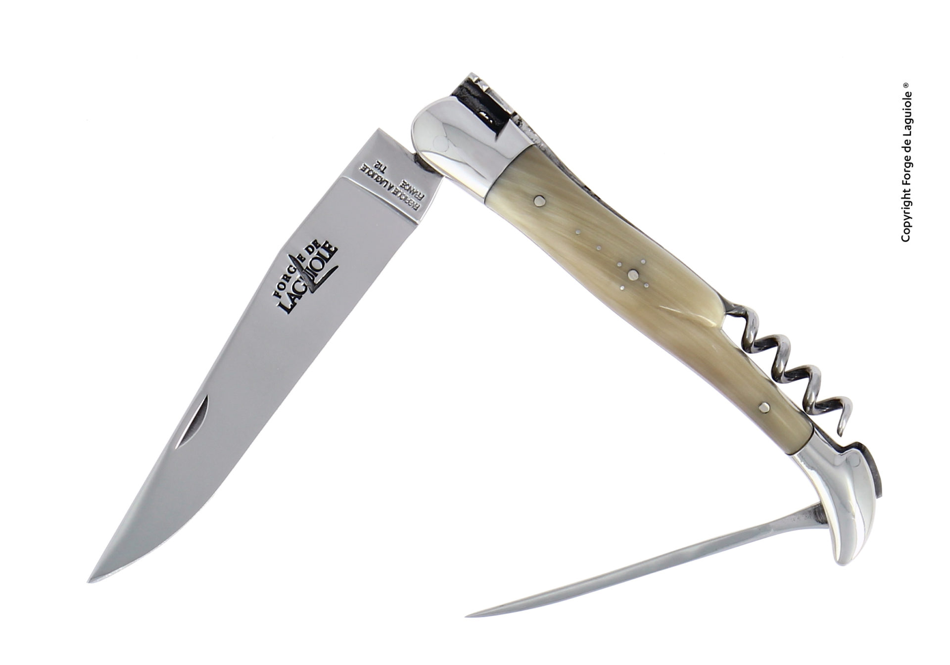 Taschenmesser mit Korkenzieher und Dorn, Griff aus hellem Horn und Mitres aus Inox