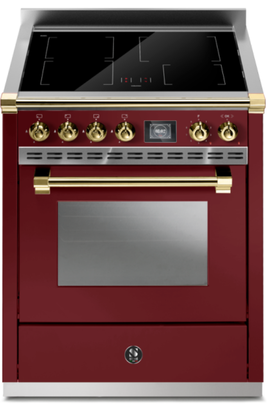 Freistehender Induktionsherd, rot, Ofen mit Messingdetails