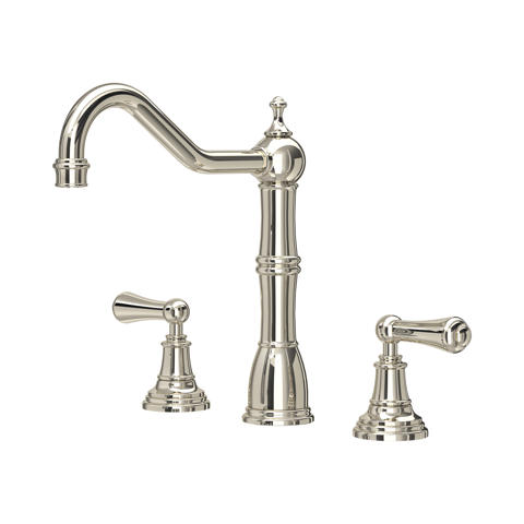 Elegante 3-Loch Waschtischarmatur mit zwei Griffen und hohem Schwanenhals-Auslauf in poliertem Nickel; Mischbatterie im klassischen Stil für Waschbecken, langlebige Metallausführung