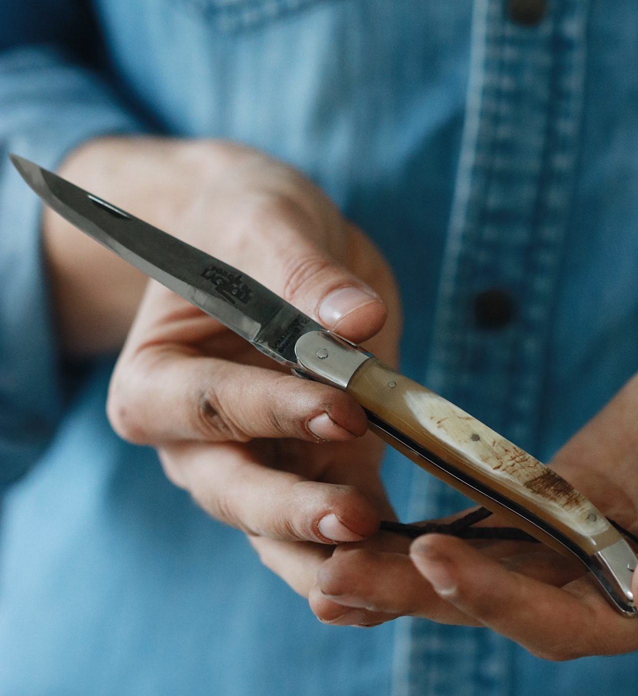 Taschenmesser mit Griff aus Aubrac Rinderhorn, Mitres aus Inox und einer “Brut de Forge” Klinge