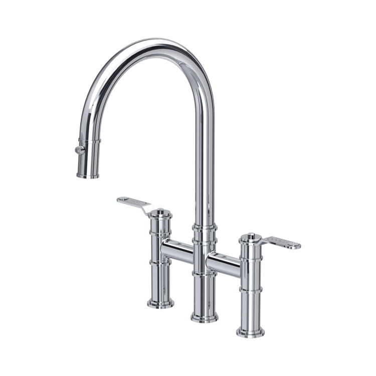 Chrom-Küchenarmatur als Brückenmischer mit zwei Hebelgriffen und hohem Bogen-Auslauf, 3‑Loch-Montage – klassisches Design für die Spüle