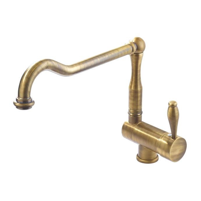 Antike Küchenarmatur aus Messing im Retro-Design mit Einhebelmischer Küchenarmatur aus gebürstetem Messing im antiken Stil mit langem, gebogenem Auslauf und Einhebelbedienung